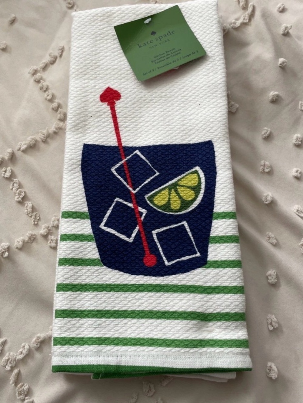 KATE SPADE KITCHEN TOWELS (2)  BLUE GREEN 17 X 28 100% COTTON NWT